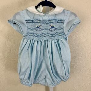 Vintage Smocked Baby Girl Bubble Romper Blue Sailor Collar 3 Months USA